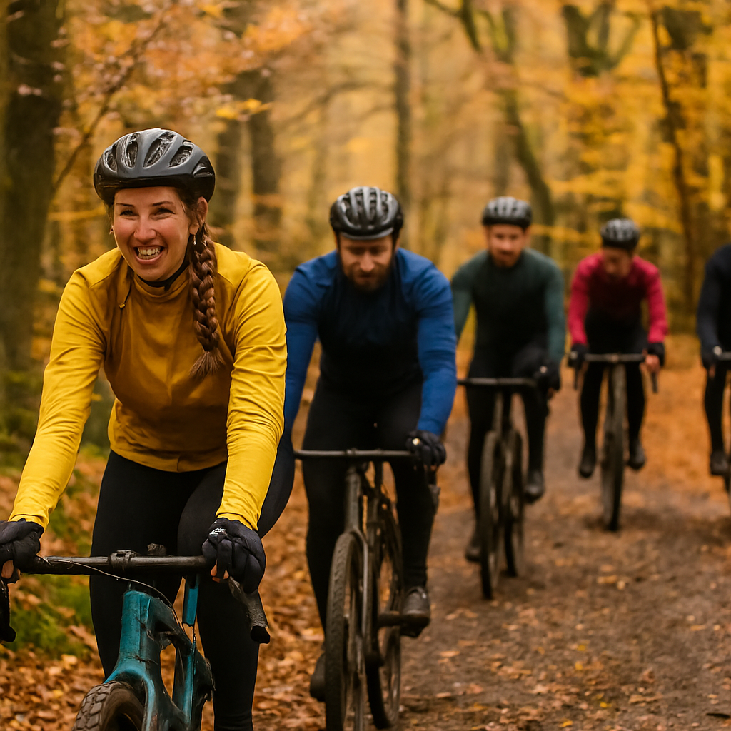 Group of Pearson cyclists riding through a forest with autumn foliage